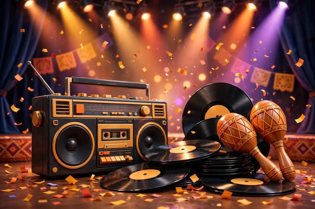 Glossy 3D render of a retro boombox with vinyl records, maracas and confetti under colorful stage spotlights, celebrating Latin music