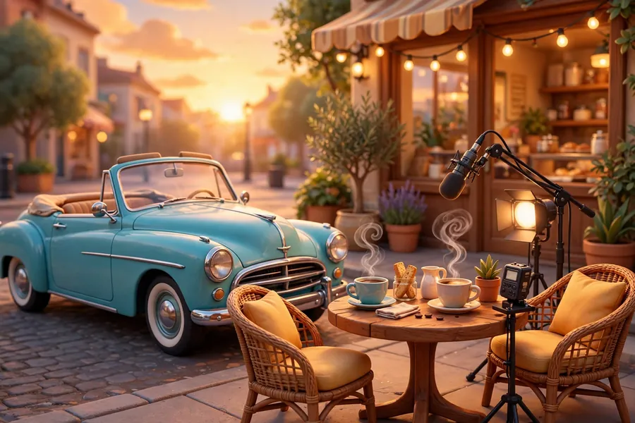 3D illustration of a vintage car beside a coffee table with two cups, evoking the Jerry Seinfeld and Dave Chappelle coffee episode