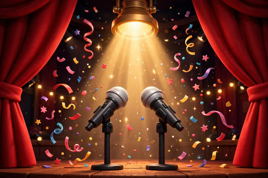 3D render of two stage microphones under a spotlight in a comedy club, for the Jerry Seinfeld and Dave Chappelle article