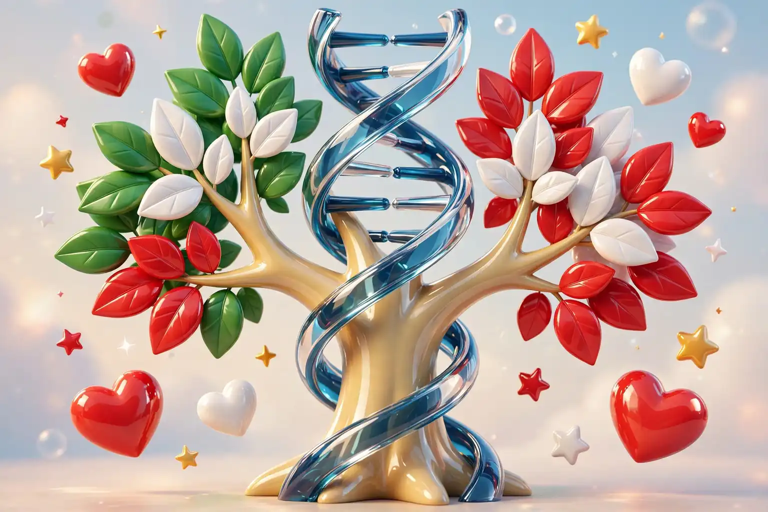 Glossy 3D illustration of a family tree with green, white and red leaves on one side and red and white leaves on the other, with a glass DNA helix wrapped around its trunk, symbolizing Jessica Alba's mixed Mexican and European heritage.