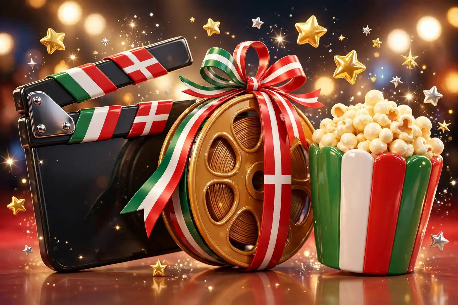 Glossy 3D illustration of a film clapperboard, film reel and popcorn bucket decorated with Mexican and Danish flag-colored ribbons against a sparkling Hollywood premiere backdrop.