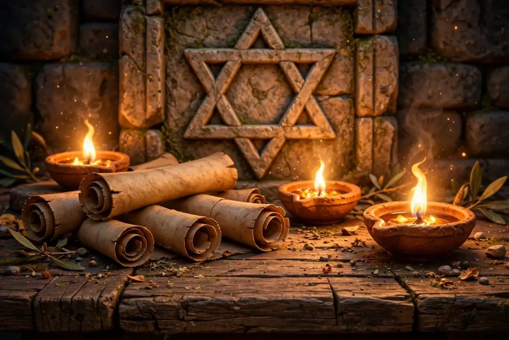 Vibrant 3D illustration of ancient parchment scrolls and glowing clay oil lamps on a wooden table with a carved Star of David motif