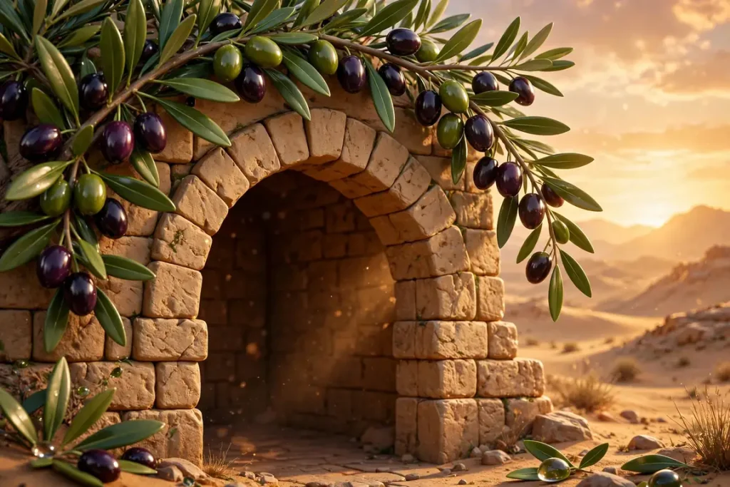 Eye-catching glossy 3D render of an olive branch arching over an ancient Middle Eastern stone archway at sunset