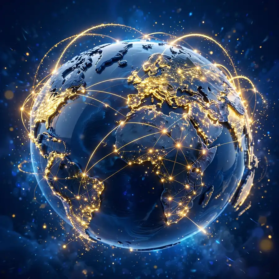 Glossy 3D render of a world map with glowing connected nodes symbolizing the Jewish diaspora
