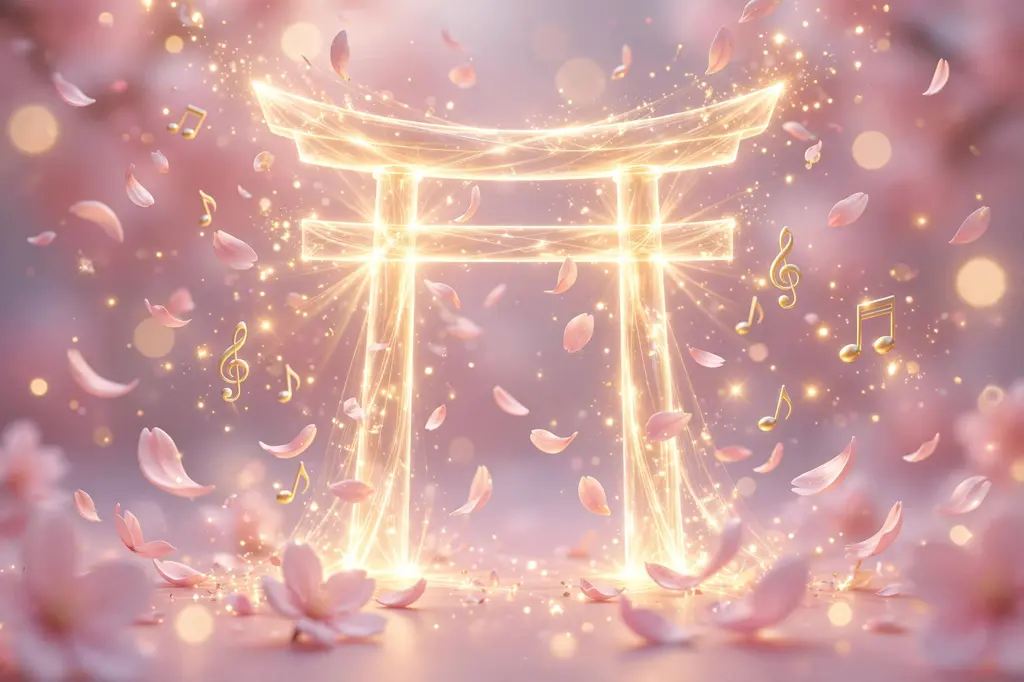 Dreamy 3D illustration of a glowing golden torii-shaped light arch with drifting pink cherry blossom petals and floating music notes.