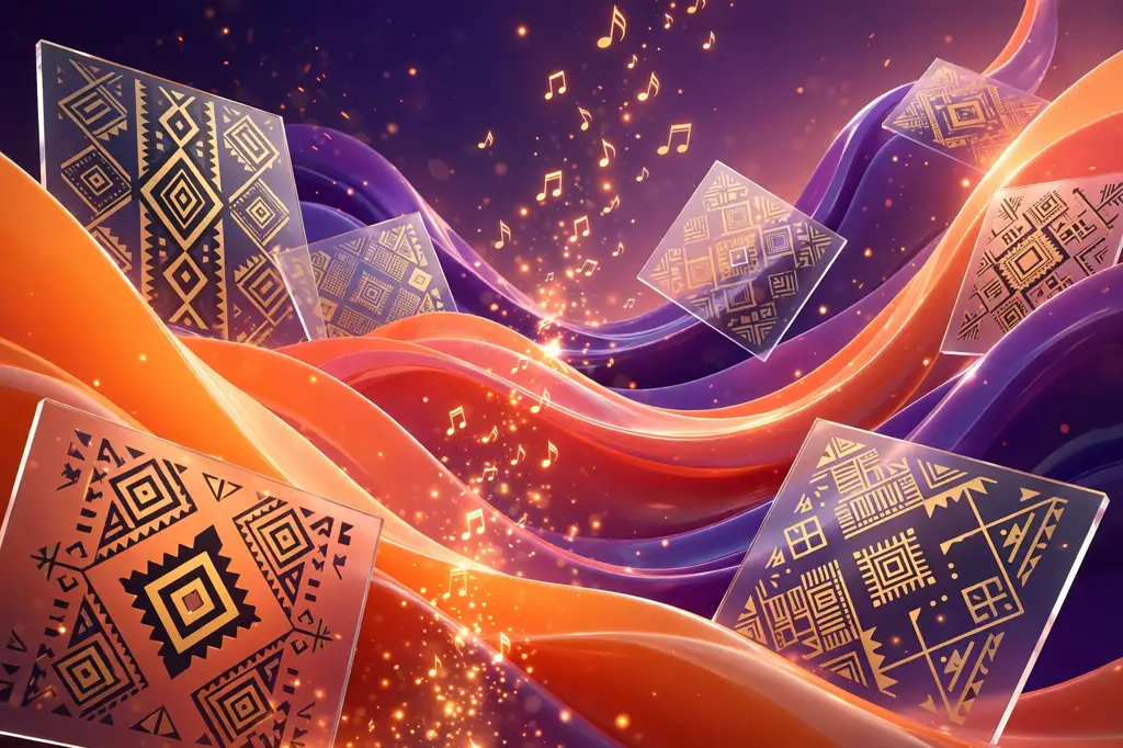 Vibrant 3D render of warm sunset-gradient waves layered with African geometric pattern panels and glowing music notes rising like embers.