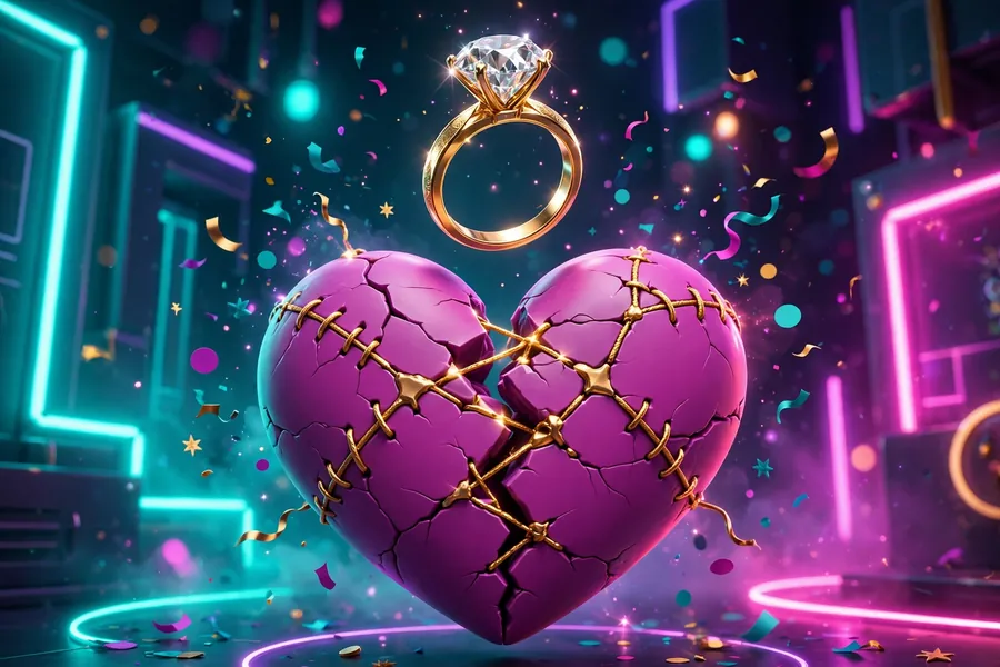 3D render of an engagement ring over a mended heart symbolizing Joe and Madison's Love Is Blind split