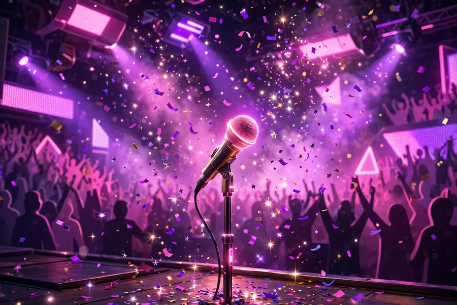 3D rendered concert stage scene with vibrant lights evoking Taylor Swift's pop music world