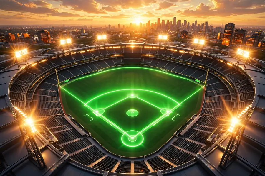 3D rendered baseball stadium scene evoking John Fisher's world of baseball ownership