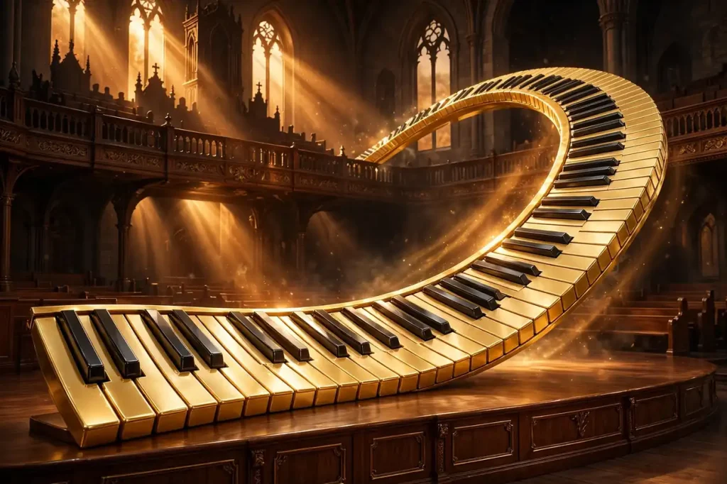 Vibrant 3D illustration of golden piano keys curving across a stage with a church choir loft silhouette and warm amber light beams
