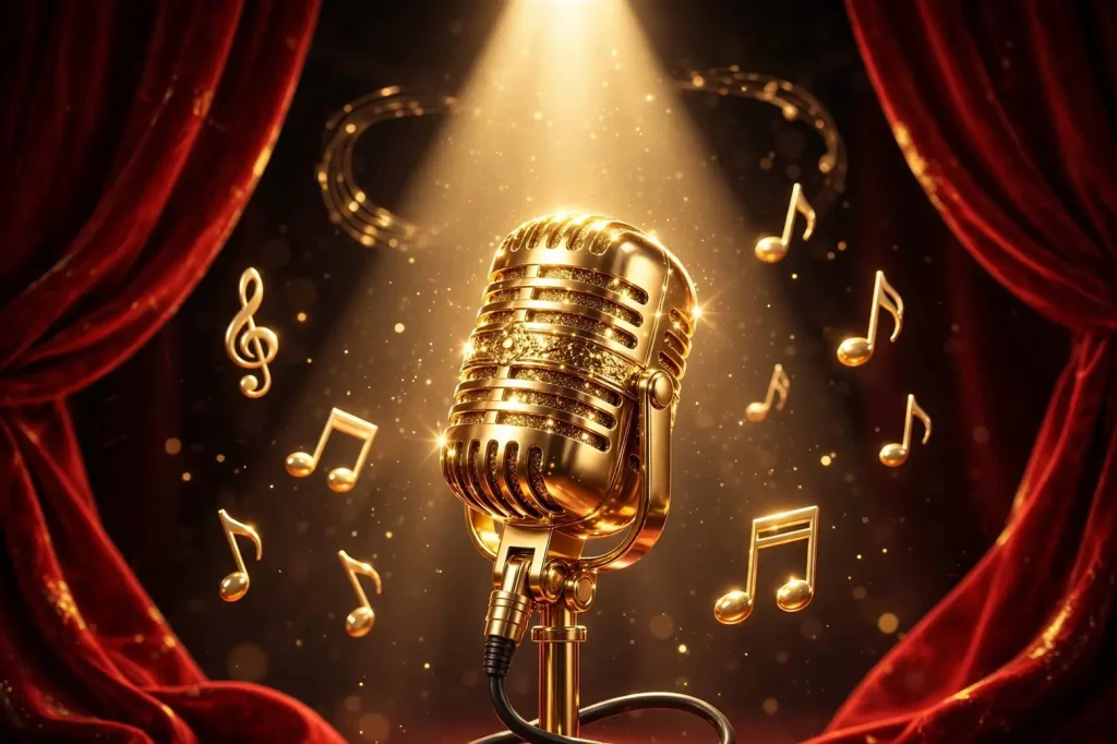 Eye-catching 3D render of a sparkling golden vintage microphone under a dramatic spotlight with floating musical notes and red velvet curtains
