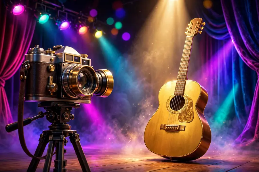 3D render of a vintage camera photographing a golden guitar on an empty stage