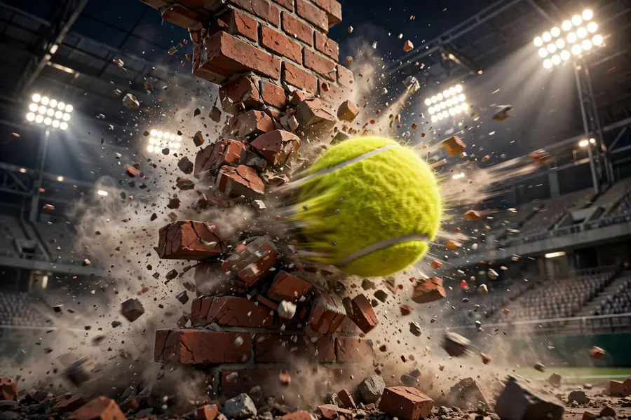 3D render of a tennis ball smashing through a brick wall in a floodlit stadium
