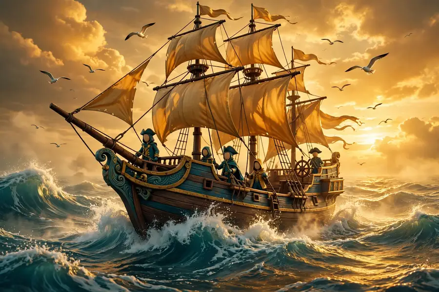 3D pirate ship sailing through a golden sunset sea with dramatic waves, inspired by Johnny Depp's Captain Jack Sparrow roles