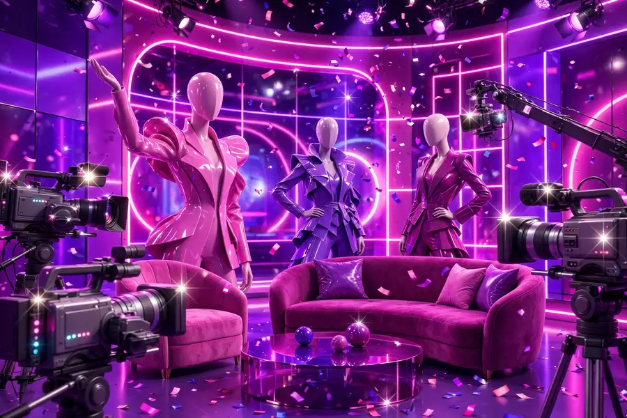 3D glamorous reality TV studio scene with sparkling cameras and a pink neon-lit talk show set, inspired by Khloe Kardashian