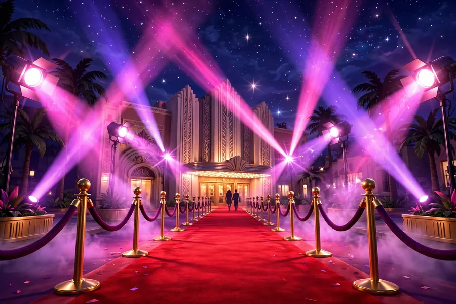3D rendered scene evoking a 1990s Hollywood red-carpet romance like Johnny Depp and Winona Ryder's