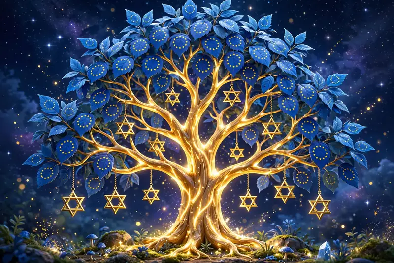 Vibrant 3D illustration of a glowing family tree with Star of David ornaments and European flag-colored leaves symbolizing Jon Bernthal's Ashkenazi Jewish ancestry