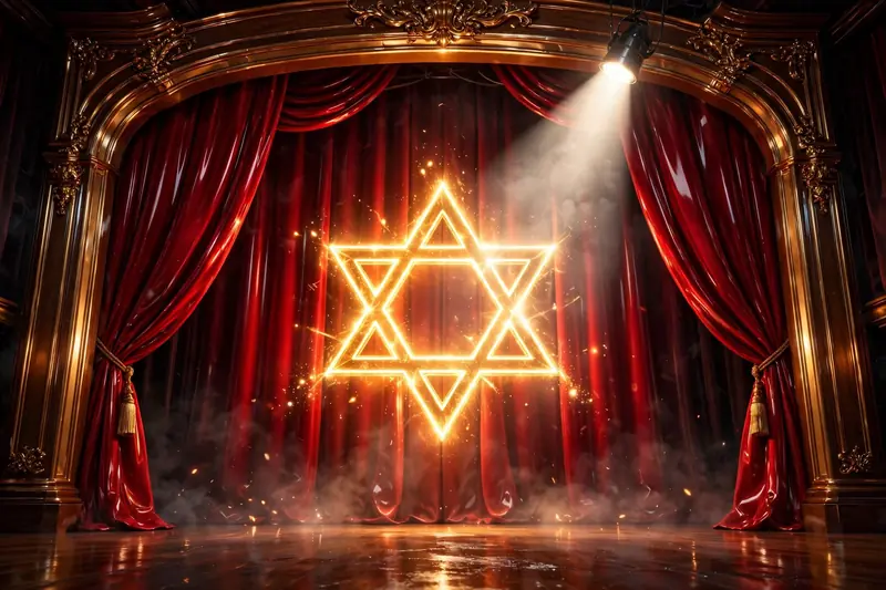 Eye-catching 3D render of a dramatic theater stage with spotlight and Star of David motif, representing Jon Bernthal's acting career and heritage