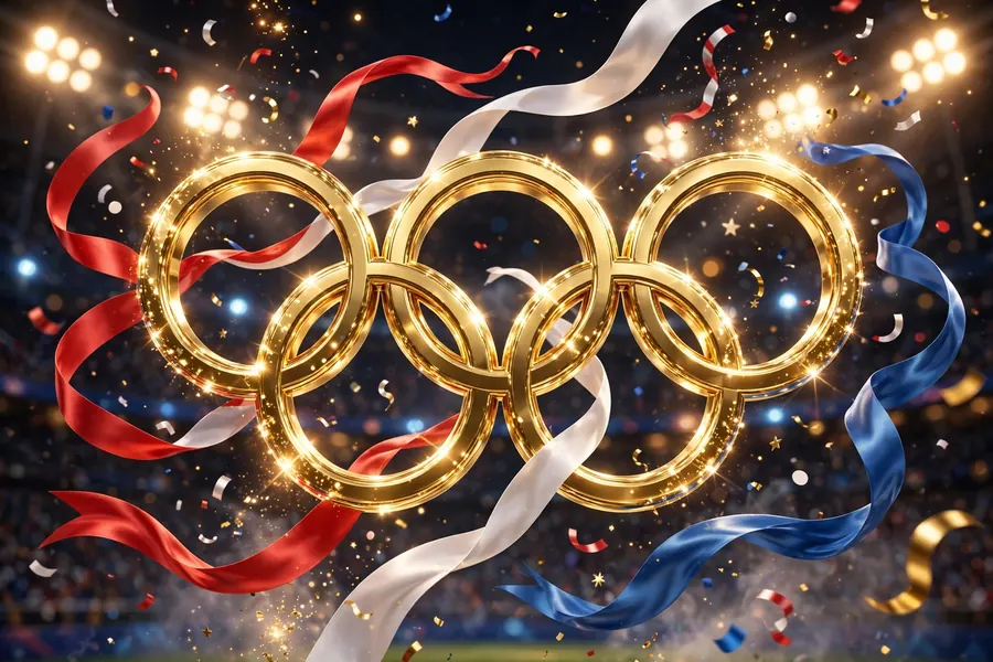 Glossy 3D render of sparkling golden Olympic rings with floating gymnastics ribbons, confetti and stadium lights in celebration