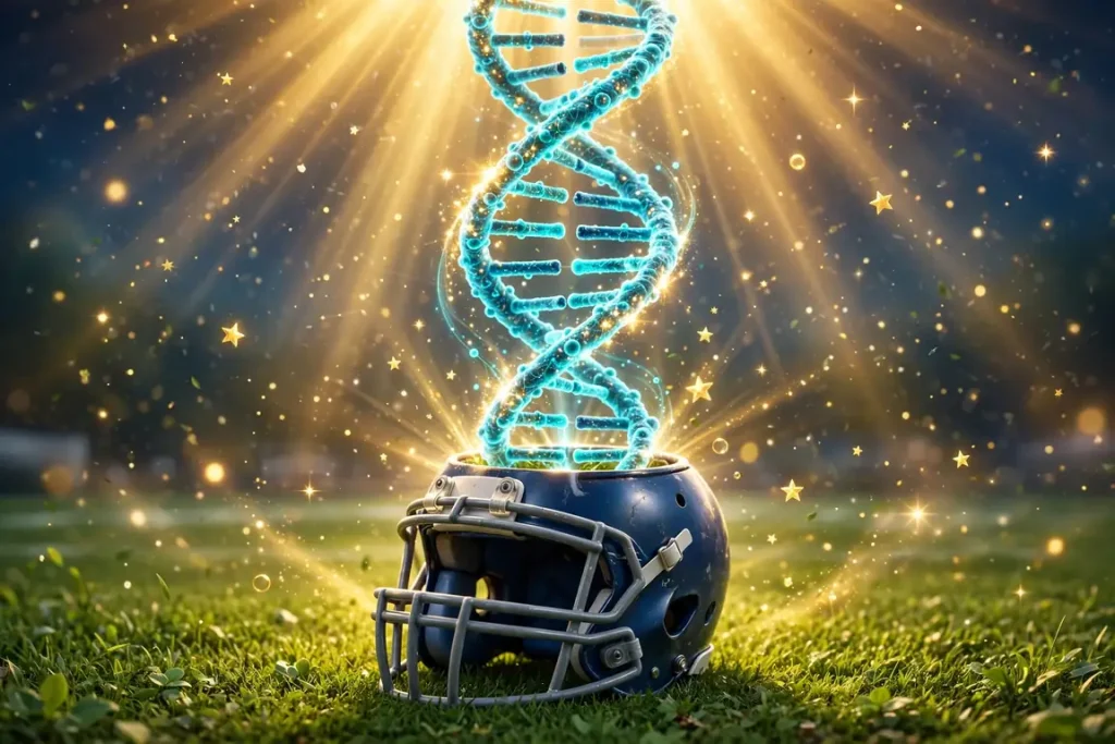 Vibrant 3D illustration of a glowing DNA helix rising from a football helmet on green turf with golden light rays and stars