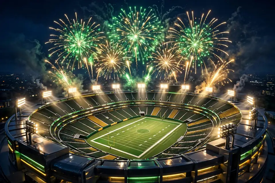 Eye-catching glossy 3D render of a football stadium at night with green and gold fireworks exploding above the field