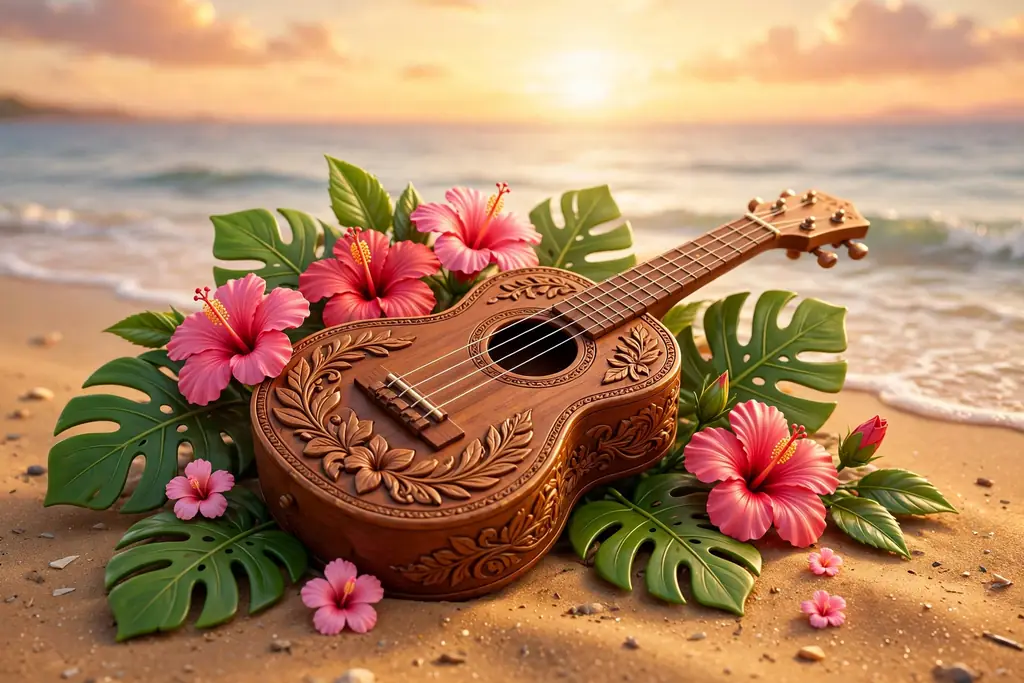 Vibrant 3D illustration of a carved wooden ukulele decorated with hibiscus flowers and monstera leaves on golden beach sand with ocean waves