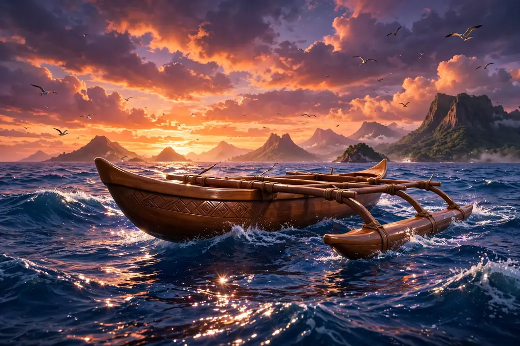 Glossy 3D render of a Polynesian outrigger canoe sailing on Pacific waves under an orange and purple sunset sky with volcanic island peaks