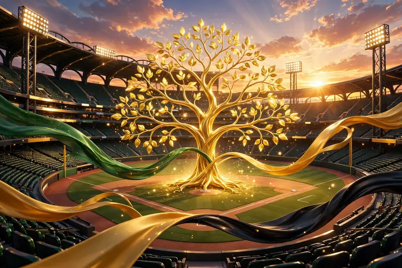 Vibrant 3D illustration of a baseball stadium with a golden family tree and flowing Jamaican green, gold, and black ribbons symbolizing Josh Naylor's roots