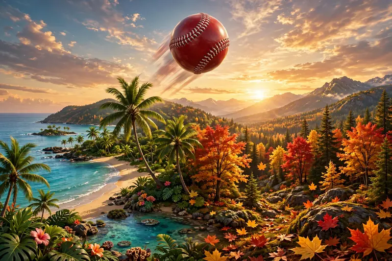 Eye-catching 3D render of a home run ball soaring over a tropical island and Canadian maple leaf landscape, representing Josh Naylor's mixed heritage