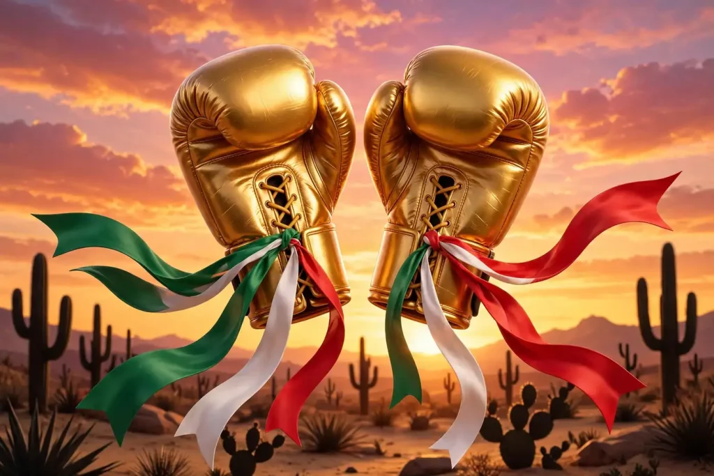 Vibrant 3D illustration of golden boxing gloves with Mexican flag-colored ribbons and desert cactus silhouettes under an Arizona sunset