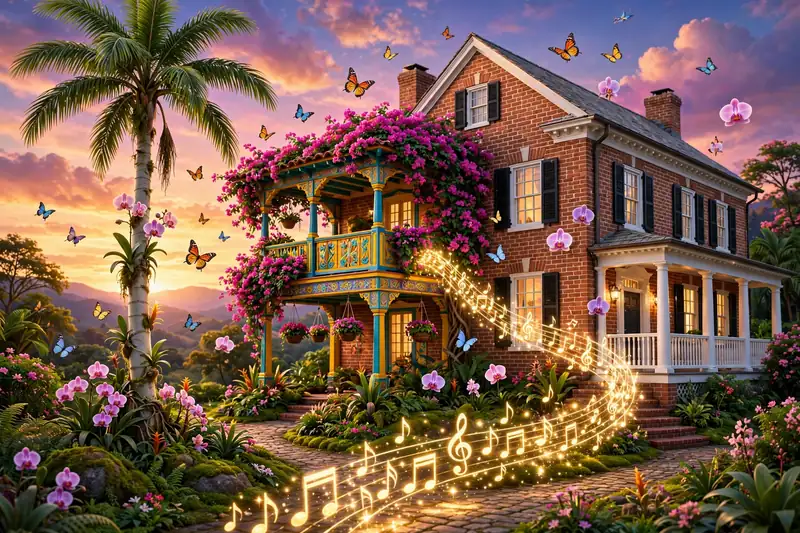Glossy 3D illustration of a Colombian wax palm and colonial balcony with bougainvillea beside a Virginia brick colonial house connected by a path of music notes