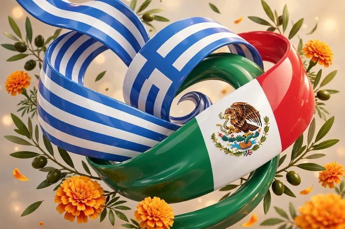 Glossy 3D illustration of Greek and Mexican flag ribbons swirling with olive branches and marigolds