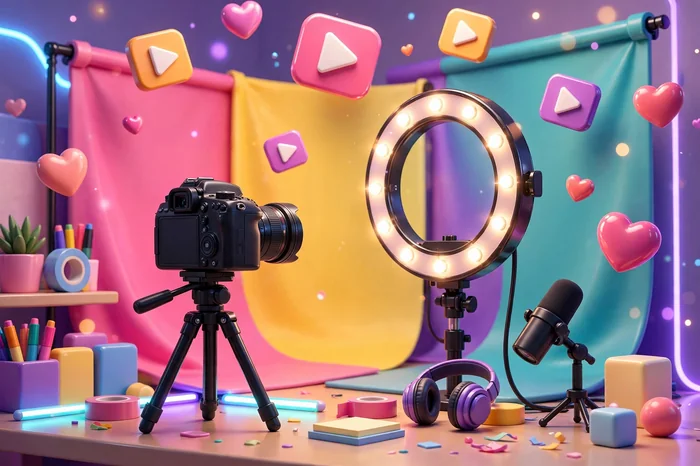 Glossy 3D illustration of a social media content creation studio with a ring light, camera, and floating play buttons