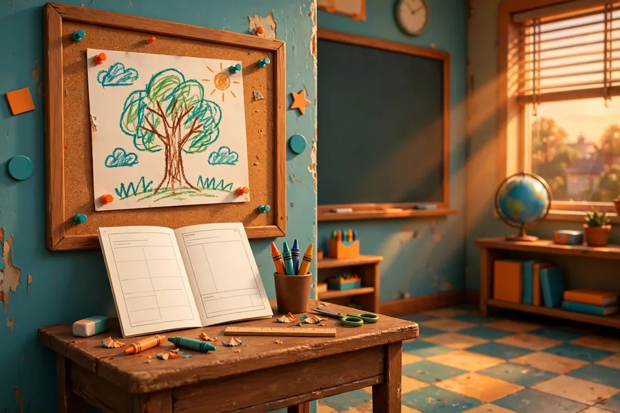 3D render of a 1990s classroom and report card representing Katy Perry's 1996 Tom Cruise suspension story