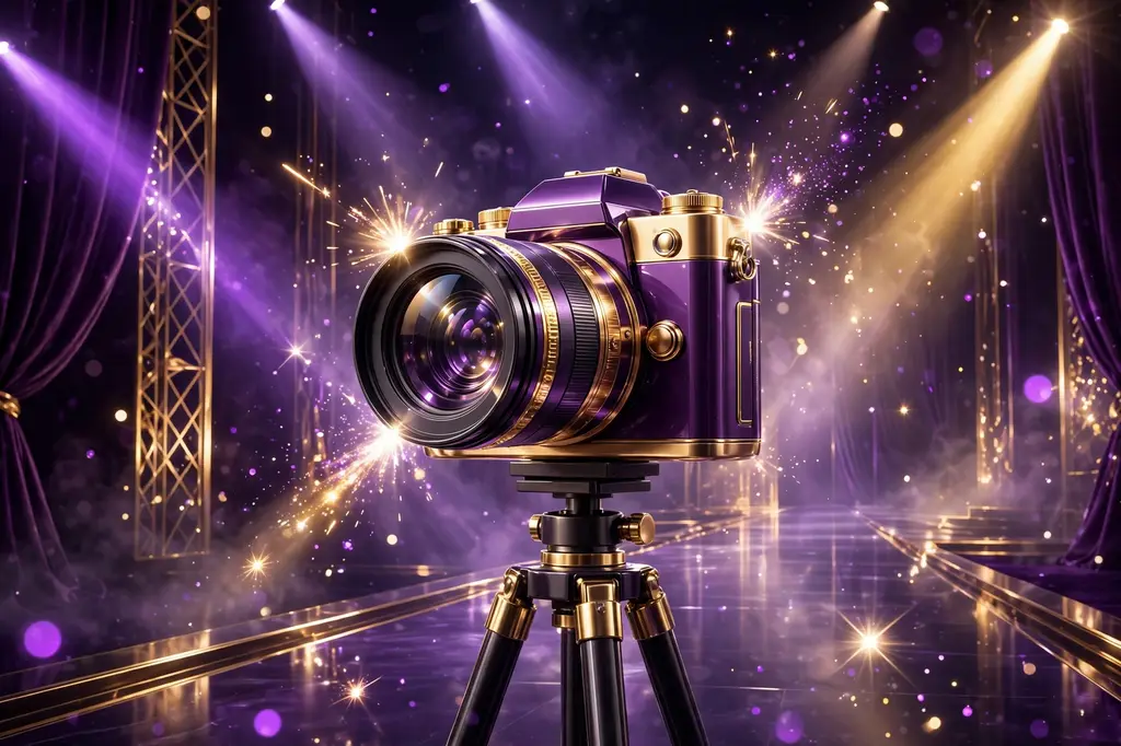 3D render of an elegant camera on a tripod on a fashion runway with sweeping spotlights