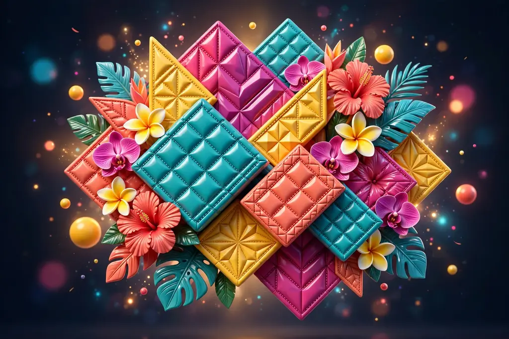 3D render of vibrant Caribbean-inspired geometric patterns with tropical flowers