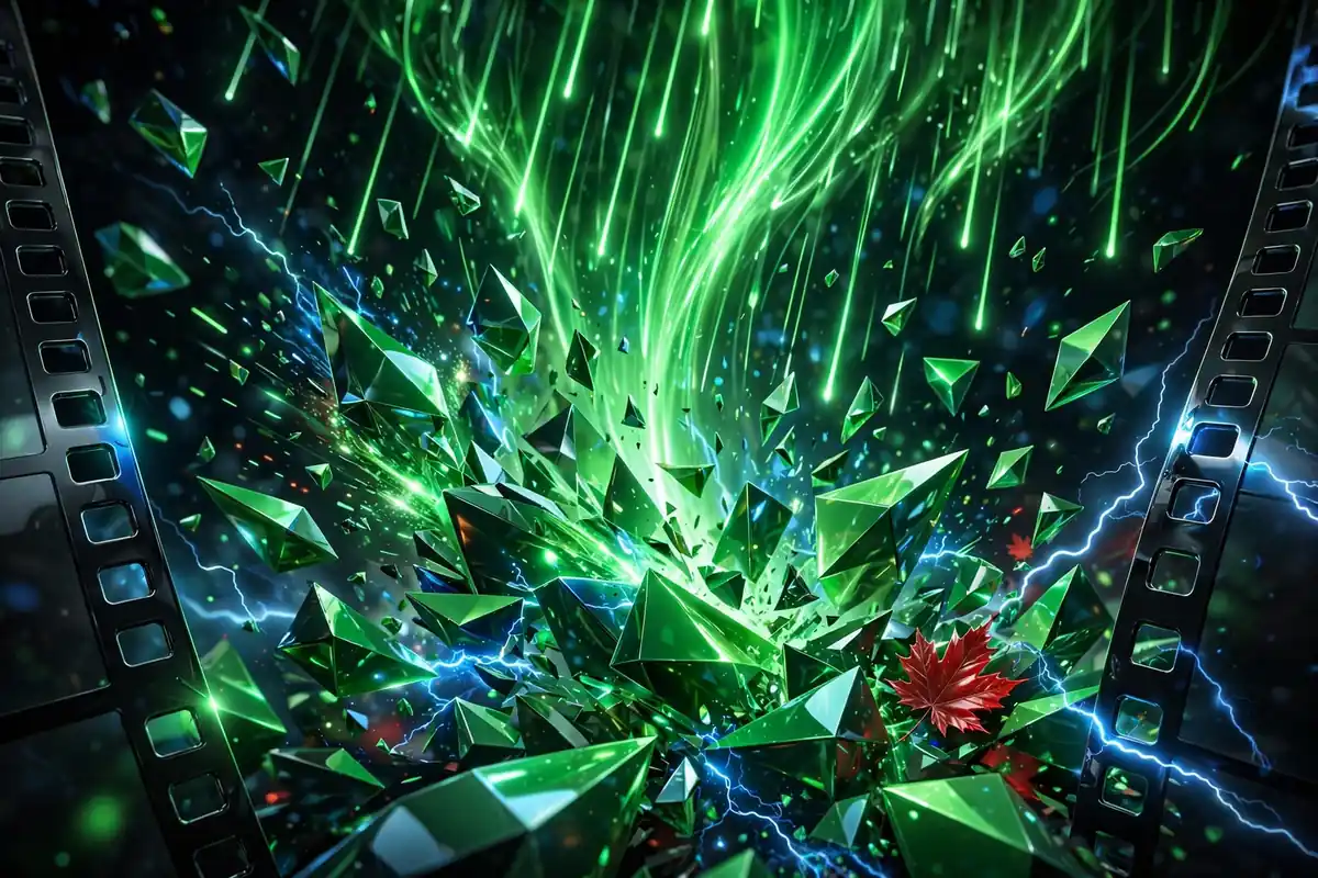 3D render of green digital light streams and geometric shards with a red maple leaf, evoking Keanu Reeves's action-film legacy