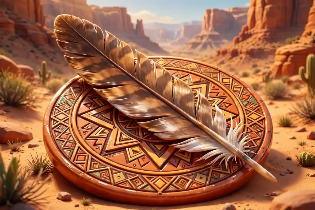 Glossy 3D illustration of an eagle feather on a tribal-patterned medallion with a desert canyon behind