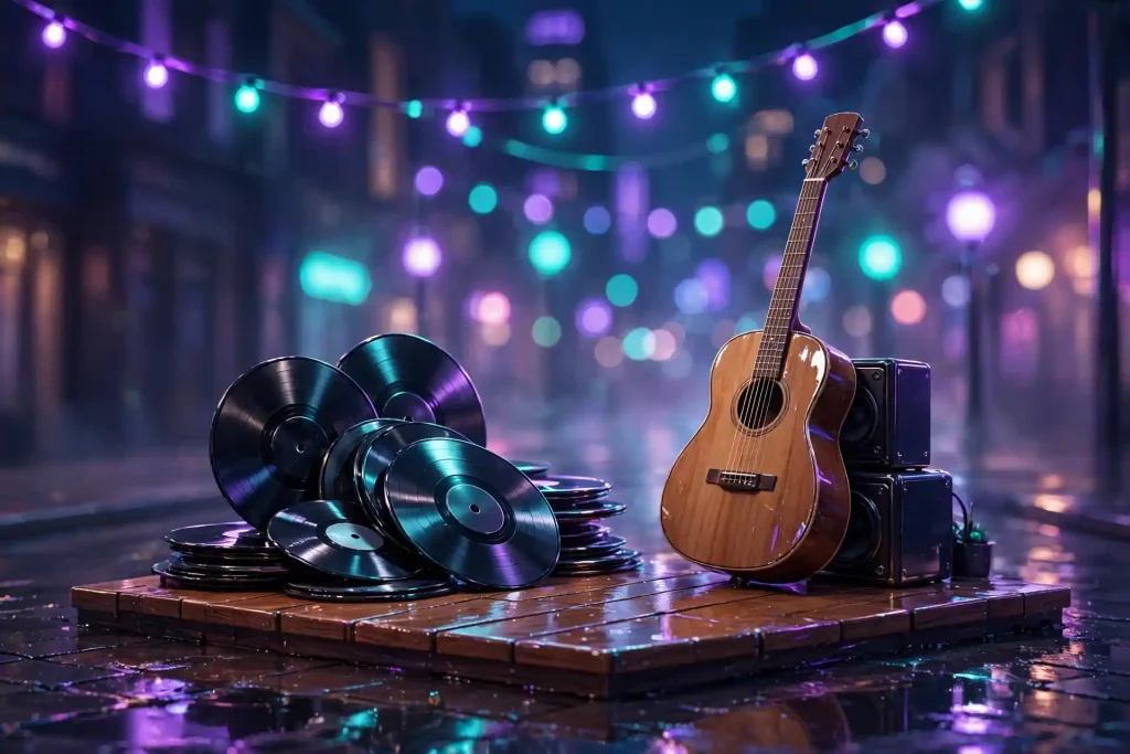 Glossy 3D render of vinyl records and an acoustic guitar on a neon-lit city street stage at night
