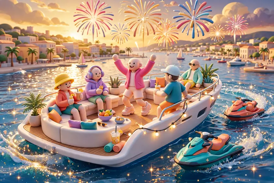 3D render of a luxury yacht scene at sunset illustrating the Kendall Jenner and Lewis Hamilton rumors