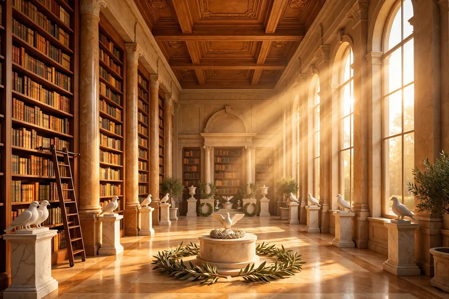 3D render of a grand sunlit memorial hall with bookshelves and dove sculptures honoring a historic legacy