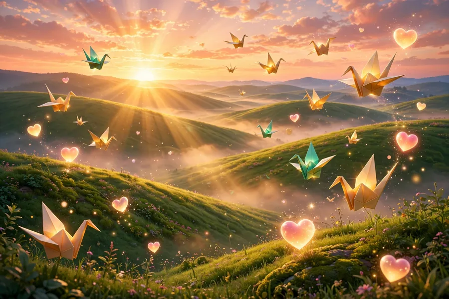 3D illustration of a sunrise over rolling hills with floating paper cranes and hearts, symbolizing hope and resilience