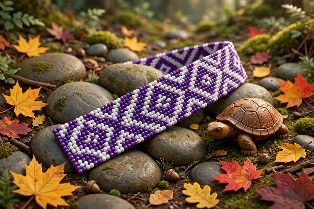 Vibrant 3D illustration of a wampum belt with purple and white geometric bead patterns on river stones beside a carved wooden turtle and autumn leaves