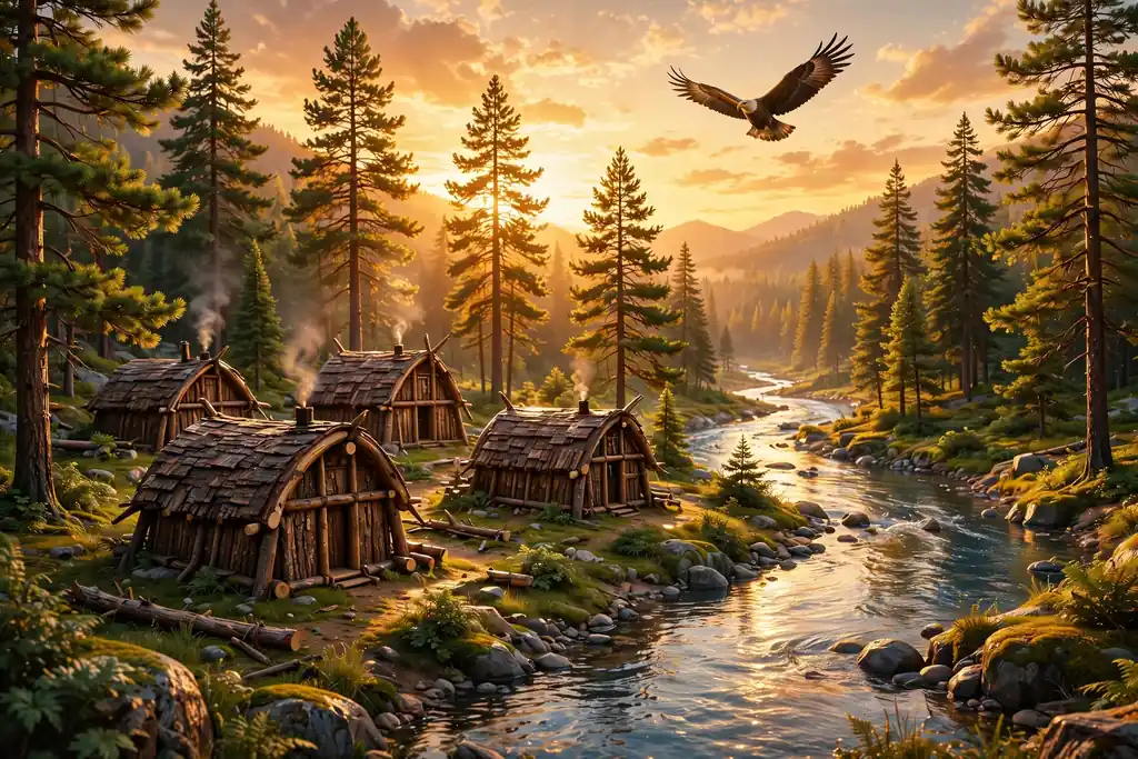 Glossy 3D render of a traditional Mohawk longhouse village at golden hour beside a winding river with pine trees and a soaring eagle