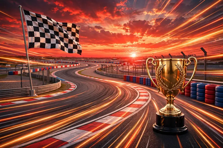 3D Formula 1 race track scene with a checkered flag and trophy, illustrating Lewis Hamilton's racing career