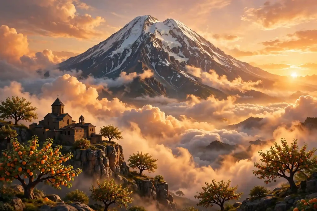3D mountain peak like Mount Ararat above clouds with ancient monastery at sunrise