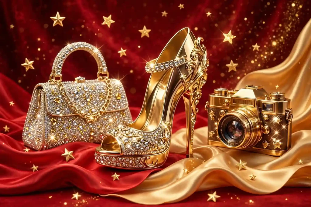 3D luxury fashion motifs with sparkling handbag, heel sculpture and vintage camera