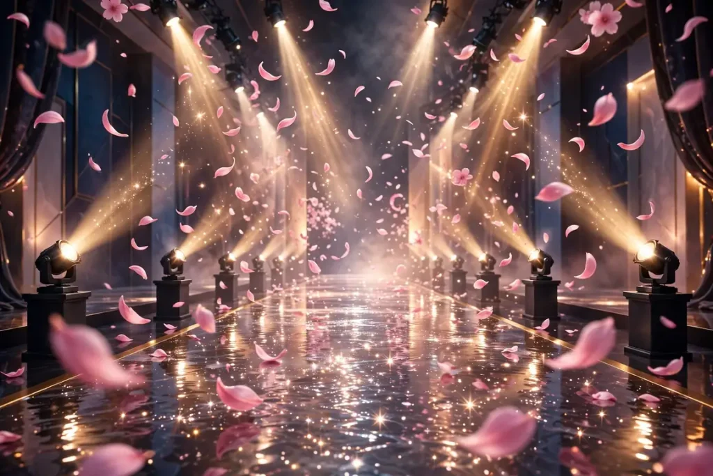 Vibrant 3D illustration of a glamorous fashion catwalk with spotlights, swirling cherry blossom petals, and golden light beams