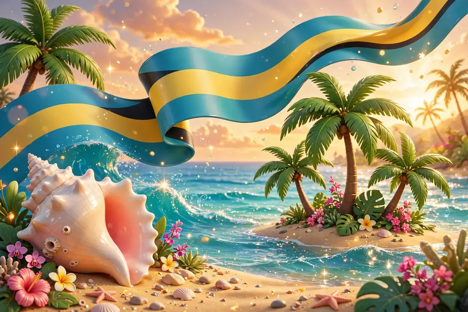 Colorful 3D illustration of Bahamian cultural symbols including a conch shell, palm trees, and Caribbean ocean waves with a subtle flag ribbon motif