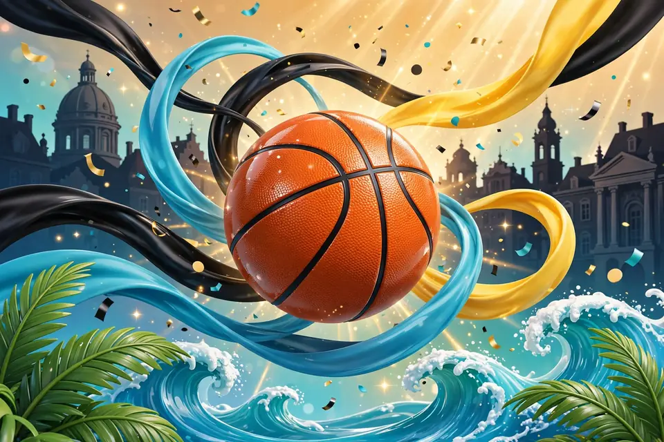 Vibrant 3D artwork of a basketball surrounded by blended Caribbean and European cultural symbols including flags, waves, and architectural motifs